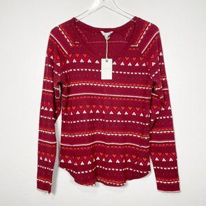 NWT Lucky Brand Maroon Fair Isle Print Thermal Long Sleeve Top XL